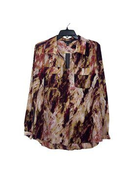 Investments Women Marble Print Half Button-Up Tunic Blouse Size L Long Sleeve